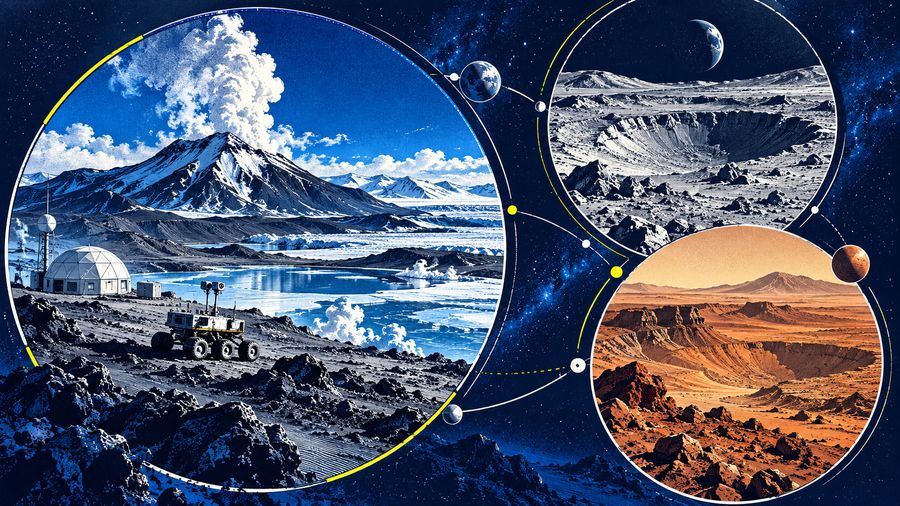 Ilustración del desafío 10: Identificar análogos terrestres de bases lunares y marcianas