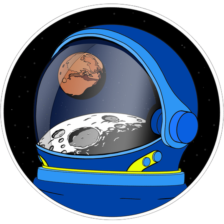 Símbolo oficial de La próxima frontera: un casco de astronauta con Marte y la Luna reflejados en el visor